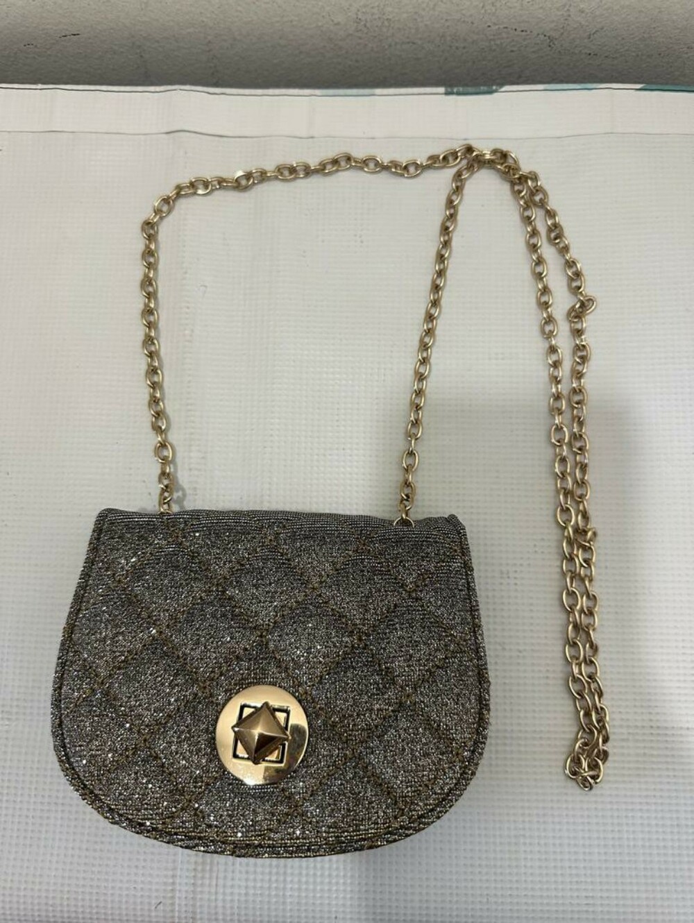 Minicci Gold Glitter Crossbody Shoulder Bag Quilted Shimmer Evening Purse Twist